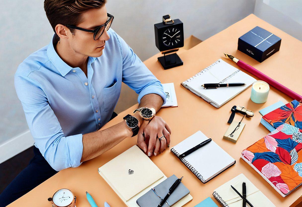 A dynamic composition featuring a stylish person wearing various wristwear, including a smartwatch, colorful bracelets, and a unique watch, all exuding a sense of confidence. Surround them with an array of thoughtful gifts like artisanal candles, chic notebooks, and elegant pens, giving an uplifting vibe of creativity and inspiration. The background should incorporate soft, subtle colors that enhance the focus on the wristwear and gifts. sleek design. vibrant colors. minimalistic style.