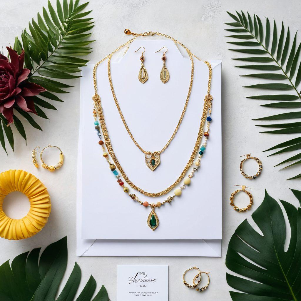A collection of vibrant statement jewelry pieces, including bold necklaces, chunky bracelets, and unique earrings, elegantly arranged on a sophisticated background. Surrounding the jewelry are thoughtful, gift-wrapped items that symbolize change and inspiration, such as a plant, an open journal, and handwritten notes. The scene radiates positivity and creativity, inviting viewers to explore the impact of accessorizing with purpose. bright colors. soft focus. elegant style.