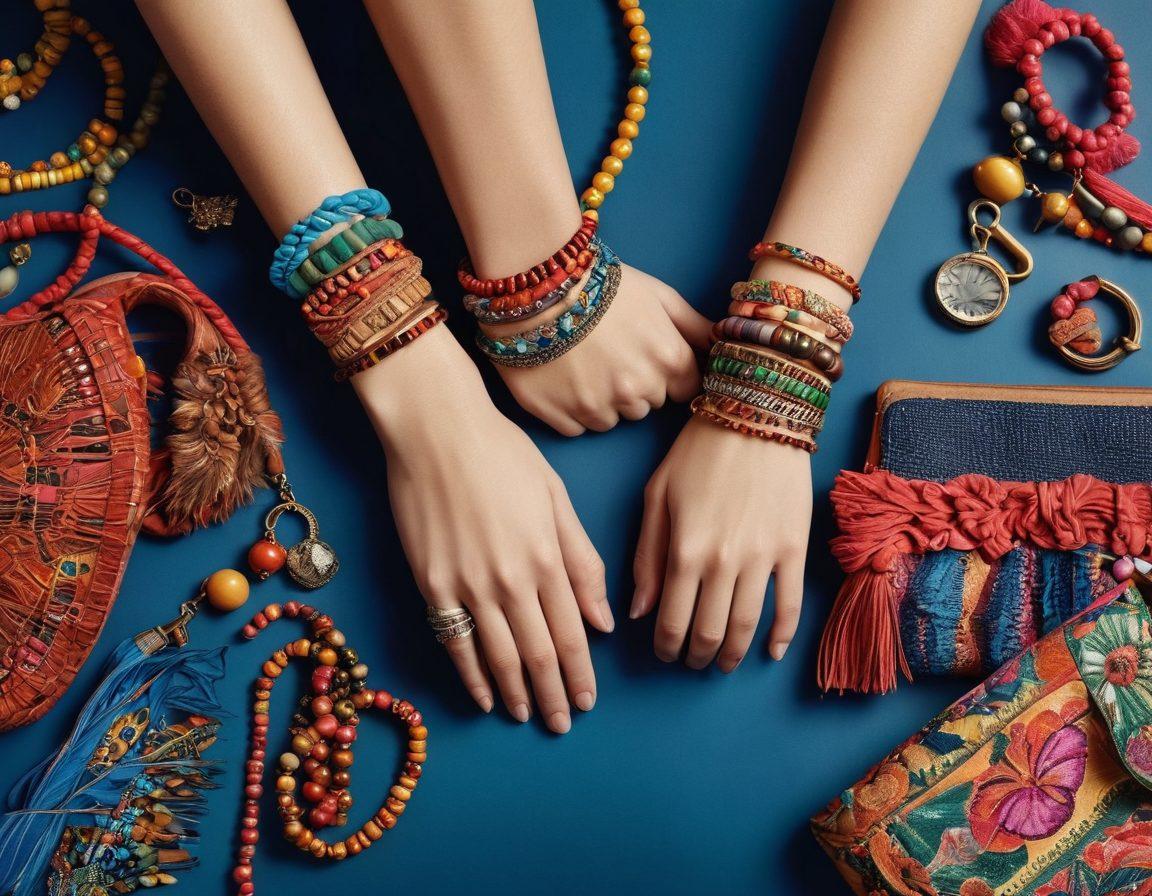 An artistic collage showcasing a variety of wristbands and bracelets, from colorful hero-themed wristbands to elegant artisan-designed bracelets. Incorporate elements of fashion with a background that blends modern and bohemian styles, emphasizing textures and materials like leather, beads, and metals. Highlight the evolution of accessory trends with vintage and contemporary styles intertwined. bright colors. mixed media. vibrant background.
